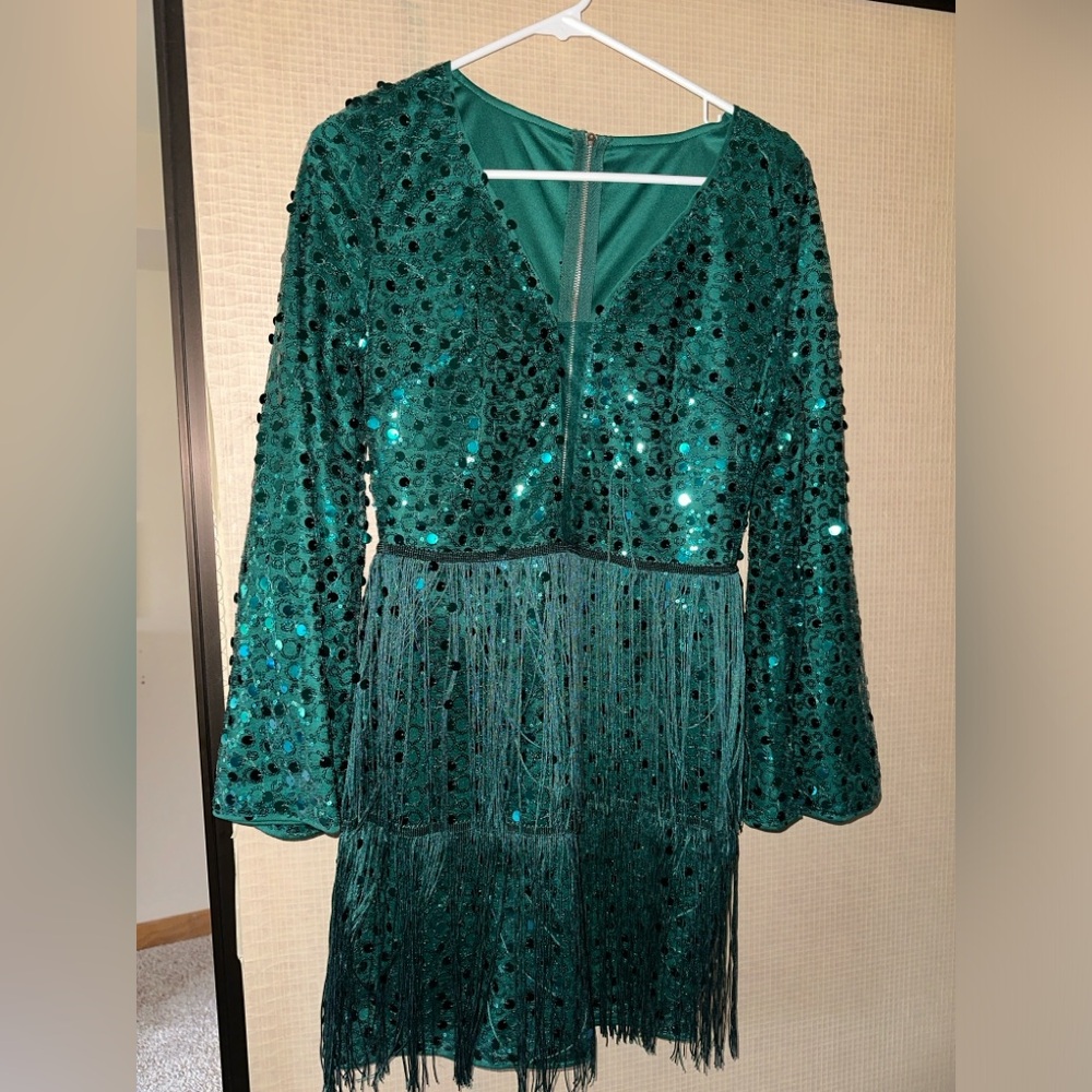 Fringe and Sequins green long-sleeve dress